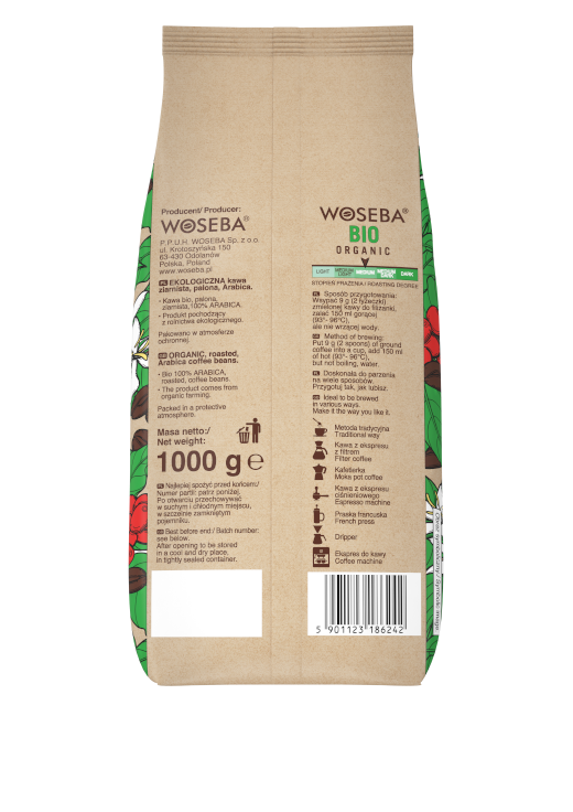 <p>Woseba Bio Organic, kawa ziarnista, stabilo, widok tyłem, 1000 g</p>
